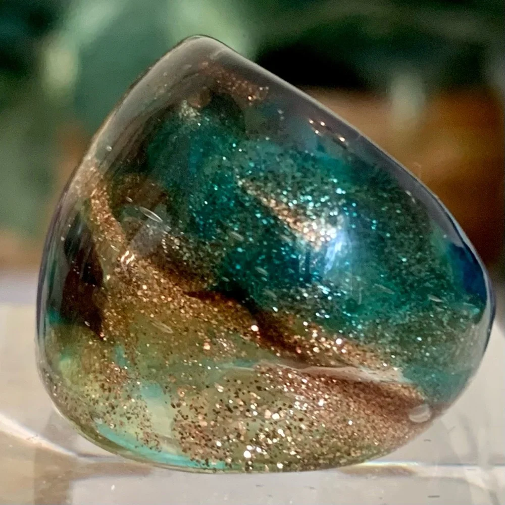 Vintage Murano Style Solid Glass Hand Blown Blue Gold Foil Artisan Ring Size 6